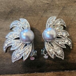 Silver-Tone Leaf Pearl Clip-On Earrings with Crystal Accents